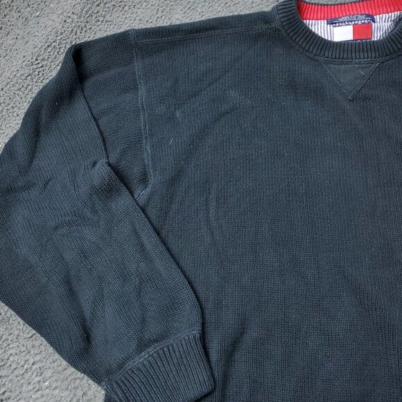 VINTAGE 90s Tommy Hilfiger Sweater Mens 2XL XXL Black Thick  Heavy y2K Crewneck - Picture 8 of 9
